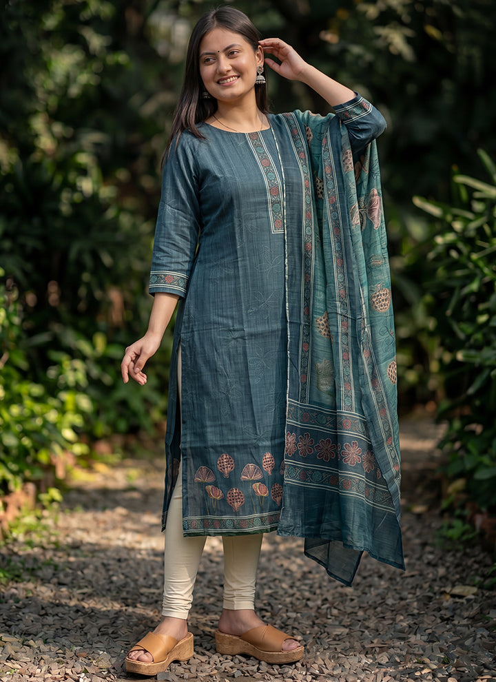 Blue Cotton Woven Ceremonial Kurta And Dupatta