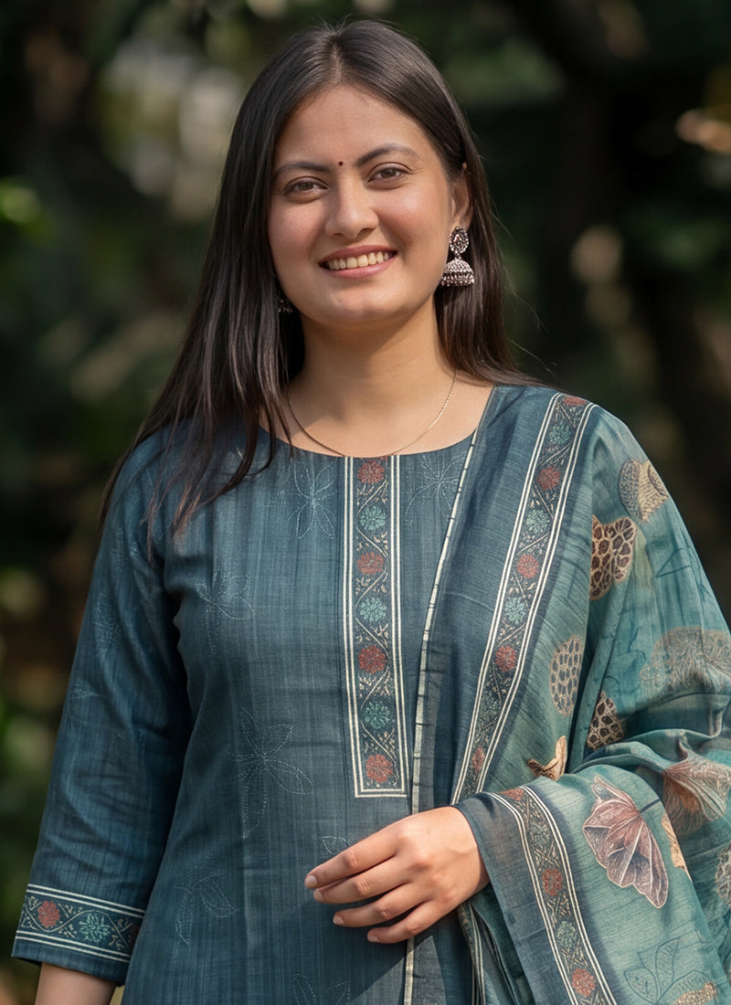 Blue Cotton Woven Ceremonial Kurta And Dupatta