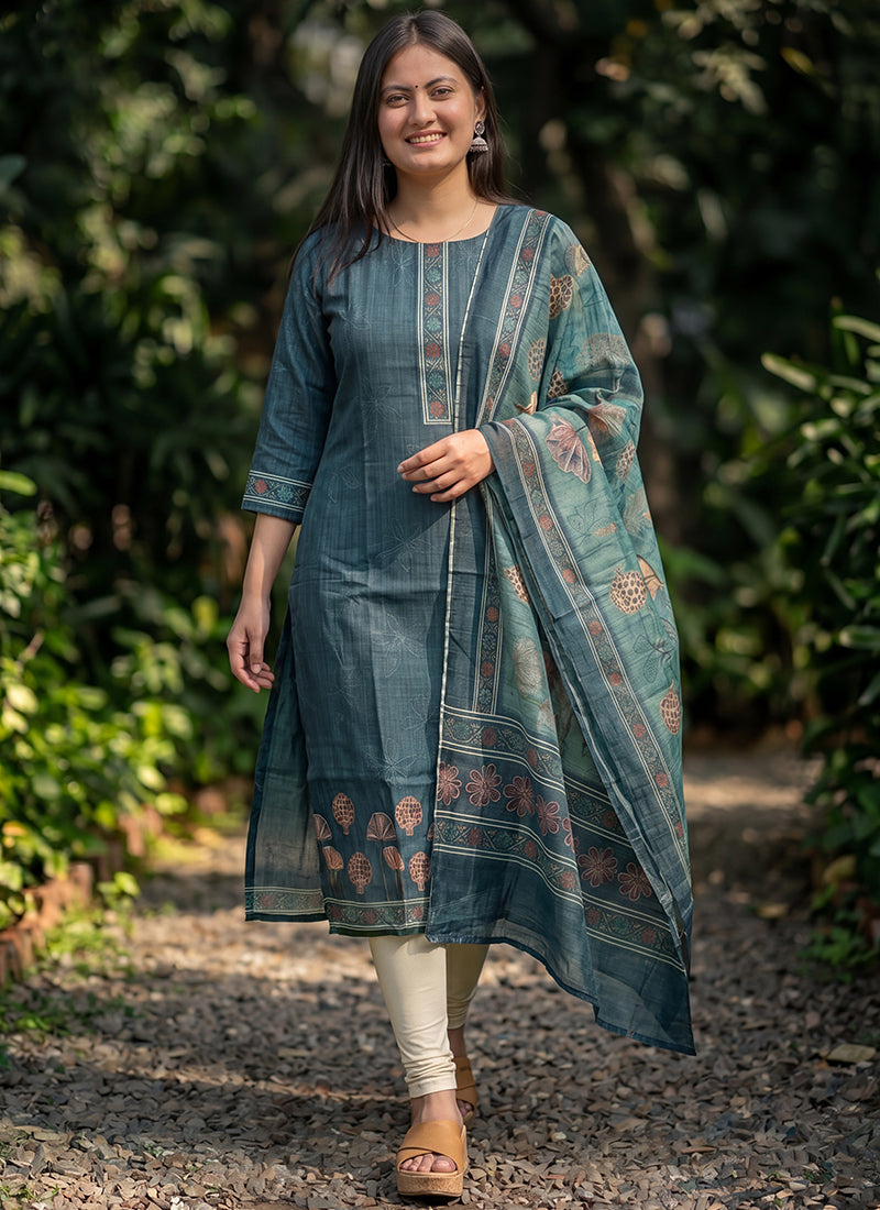 Blue Cotton Woven Ceremonial Kurta And Dupatta