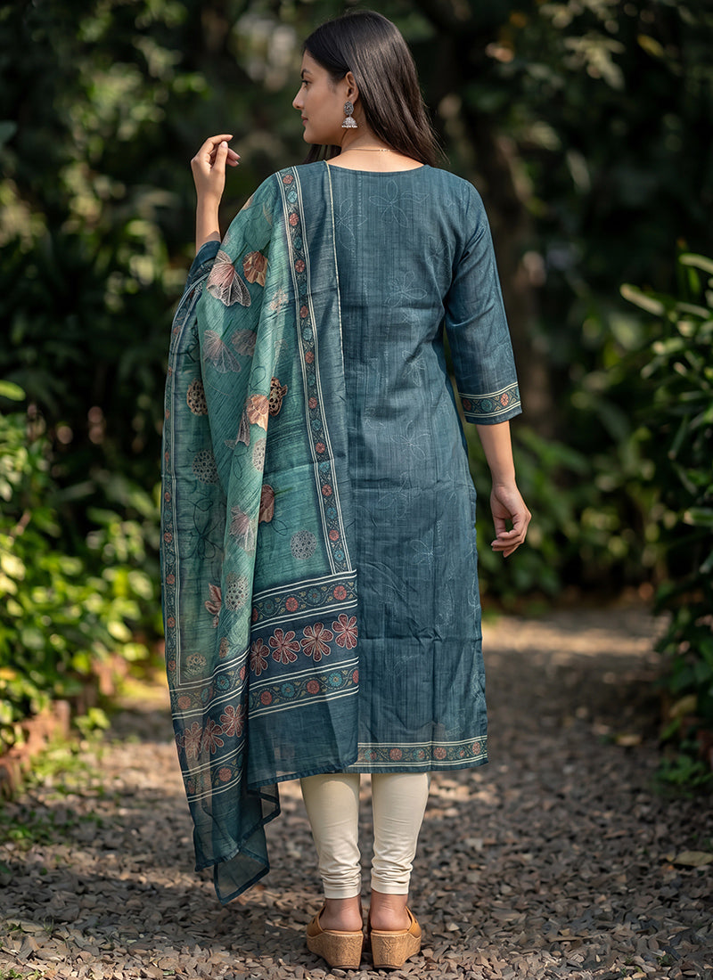 Blue Cotton Woven Ceremonial Kurta And Dupatta