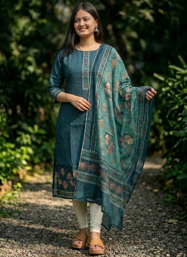 Blue Cotton Woven Ceremonial Kurta And Dupatta