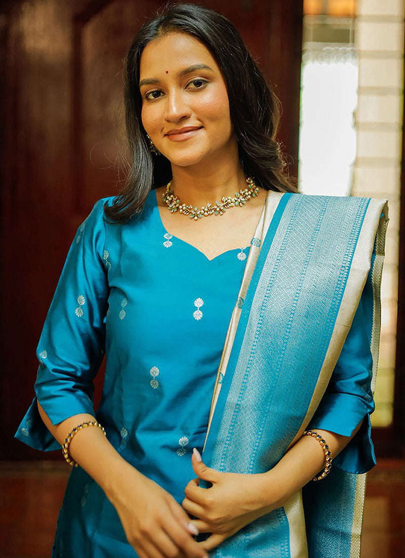 Sky Blue Weaving Jacquard Ceremonial Kurta Set