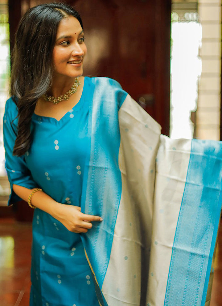 Sky Blue Weaving Jacquard Ceremonial Kurta Set