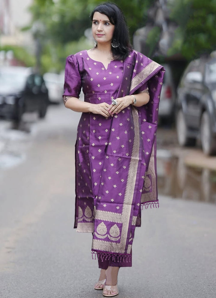 Purple Weaving Jacquard Pant Style Salwar Set