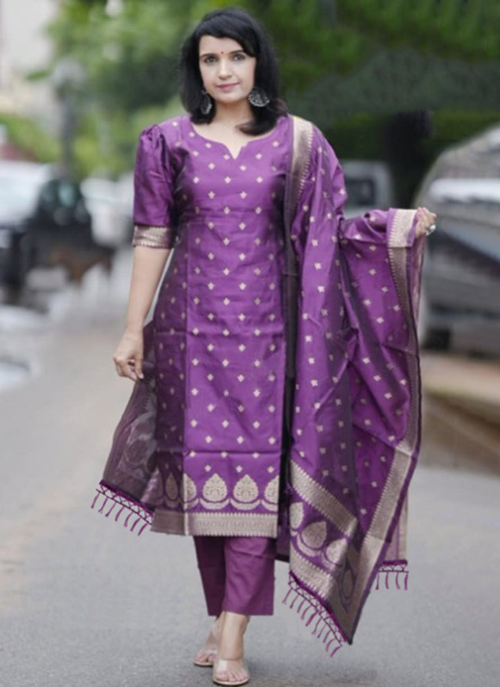 Purple Weaving Jacquard Pant Style Salwar Set
