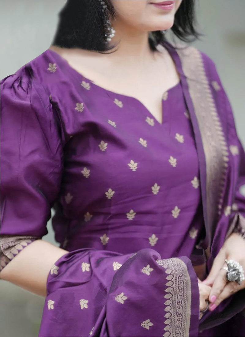 Purple Weaving Jacquard Pant Style Salwar Set