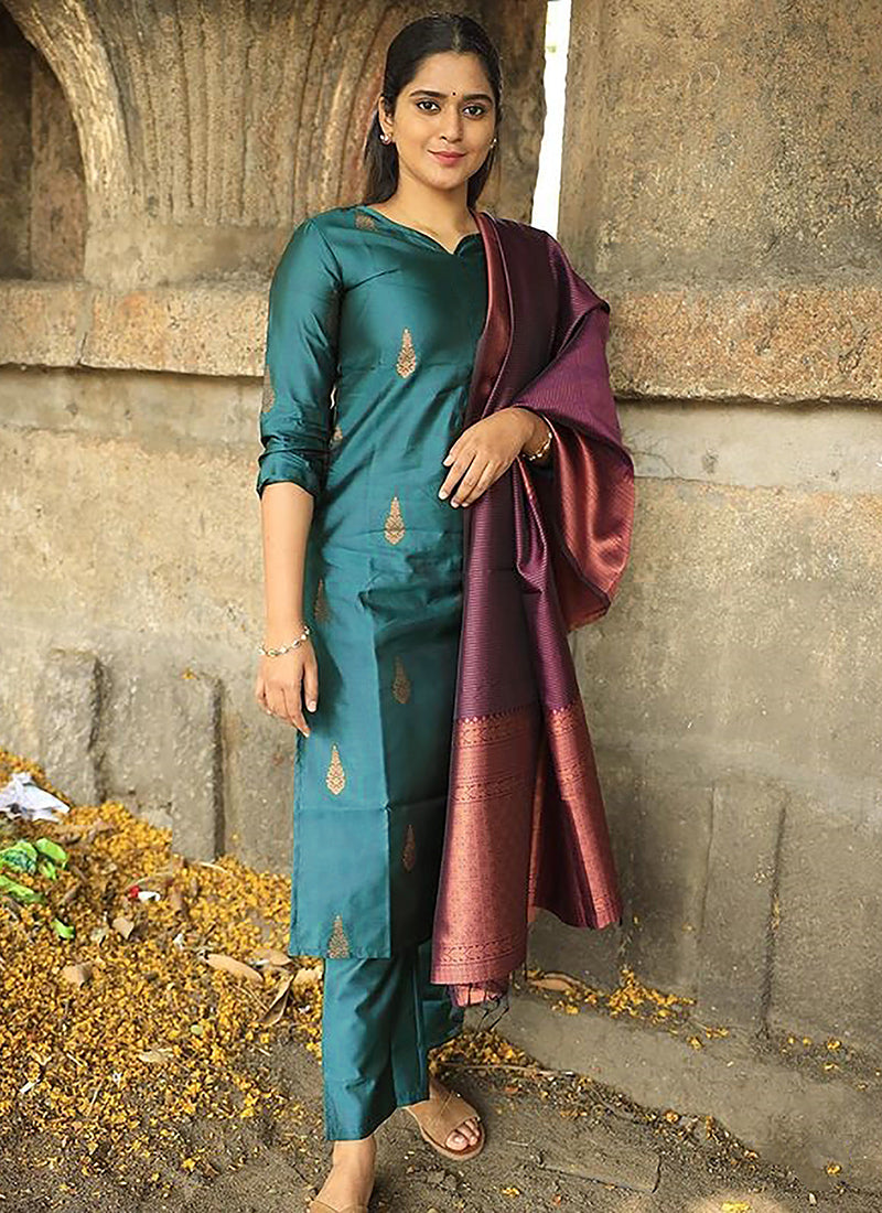 Teal Blue Woven Jacquard Festive Kurta Set