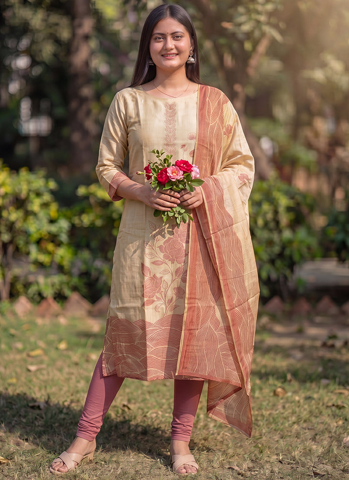 Beige Jamdani Cotton Printed Ceremonial Kurta And Dupatta