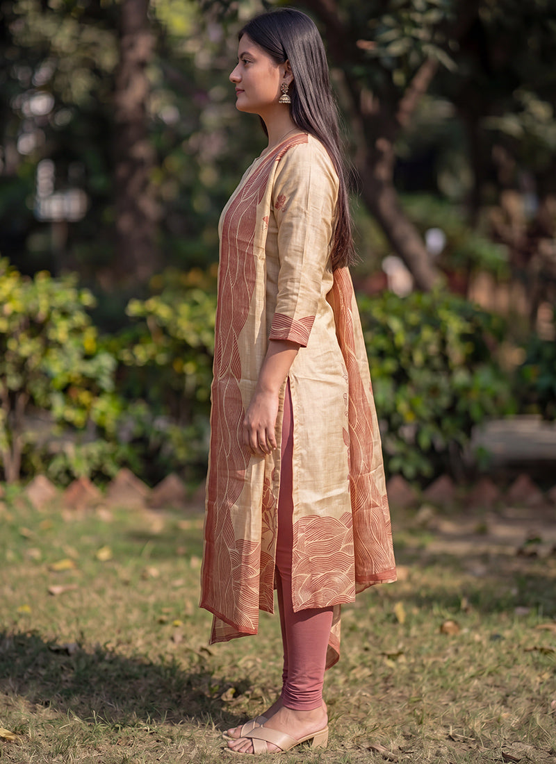 Beige Jamdani Cotton Printed Ceremonial Kurta And Dupatta