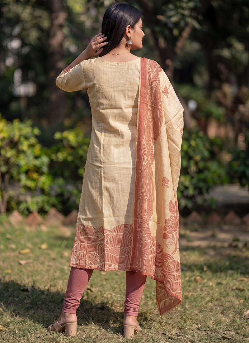 Beige Jamdani Cotton Printed Ceremonial Kurta And Dupatta