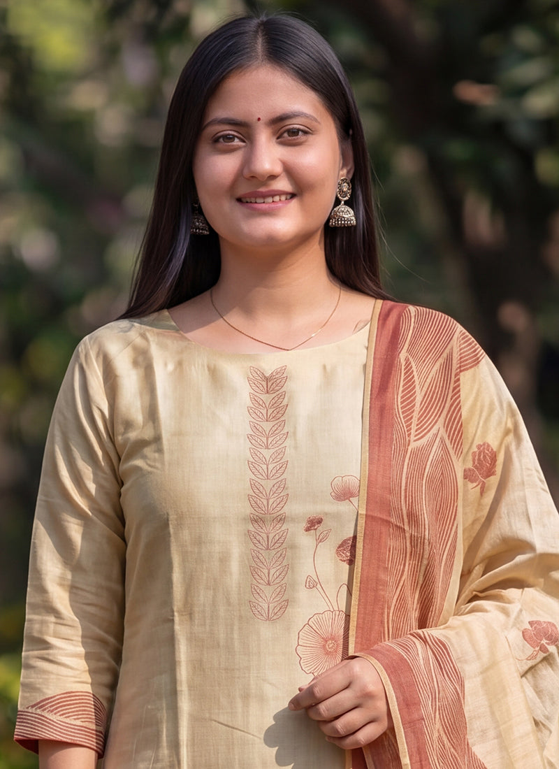 Beige Jamdani Cotton Printed Ceremonial Kurta And Dupatta
