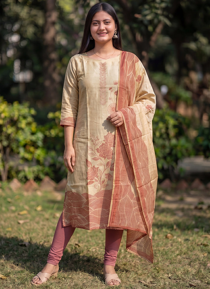 Beige Jamdani Cotton Printed Ceremonial Kurta And Dupatta