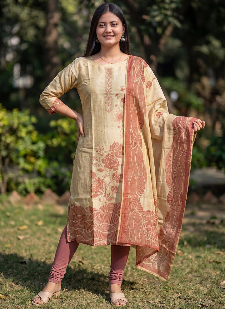 Beige Jamdani Cotton Printed Ceremonial Kurta And Dupatta