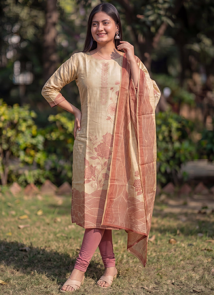 Beige Jamdani Cotton Printed Ceremonial Kurta And Dupatta