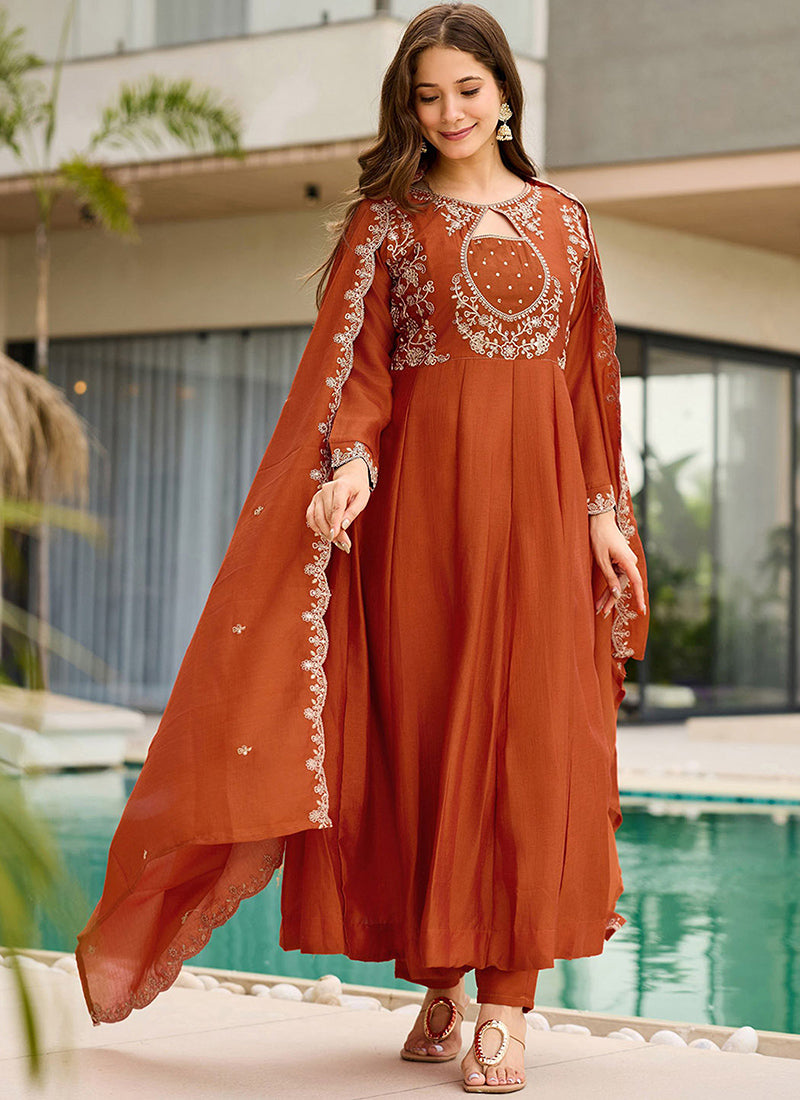 Rust Vichitra Silk Embroidered Ceremonial Kurta Set