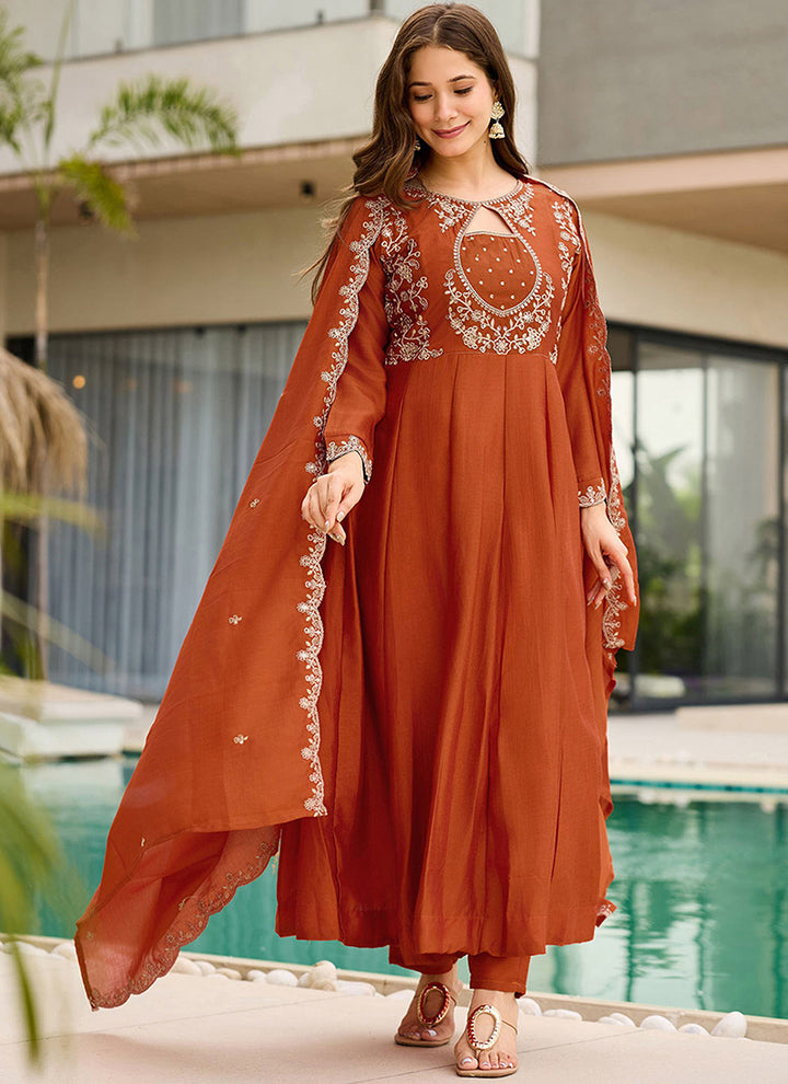 Rust Vichitra Silk Embroidered Ceremonial Kurta Set
