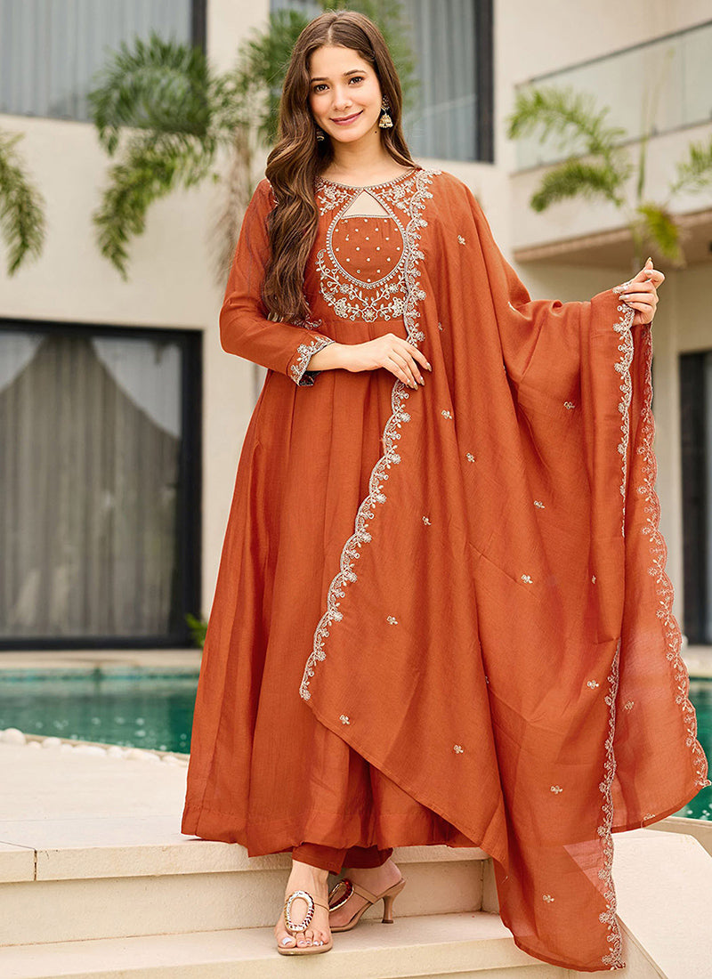 Rust Vichitra Silk Embroidered Ceremonial Kurta Set