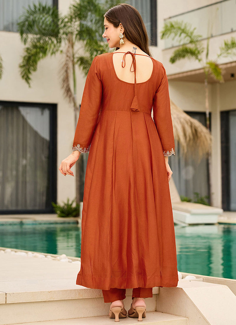 Rust Vichitra Silk Embroidered Ceremonial Kurta Set