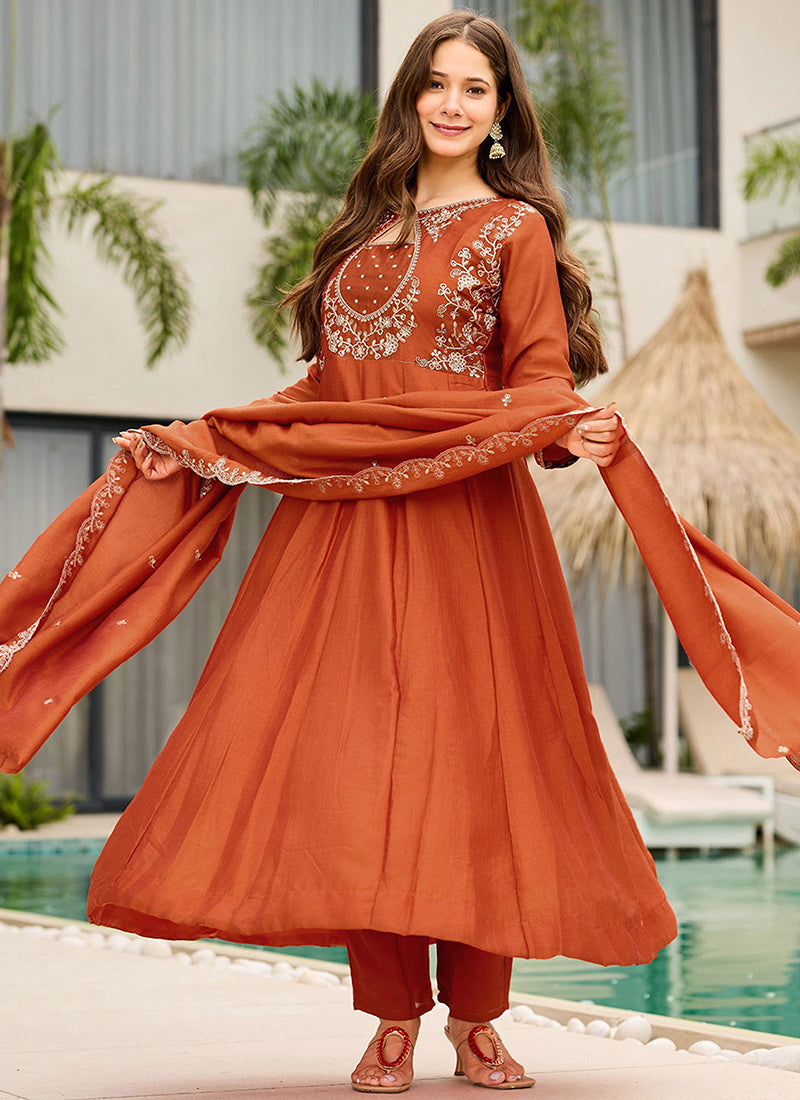 Rust Vichitra Silk Embroidered Ceremonial Kurta Set