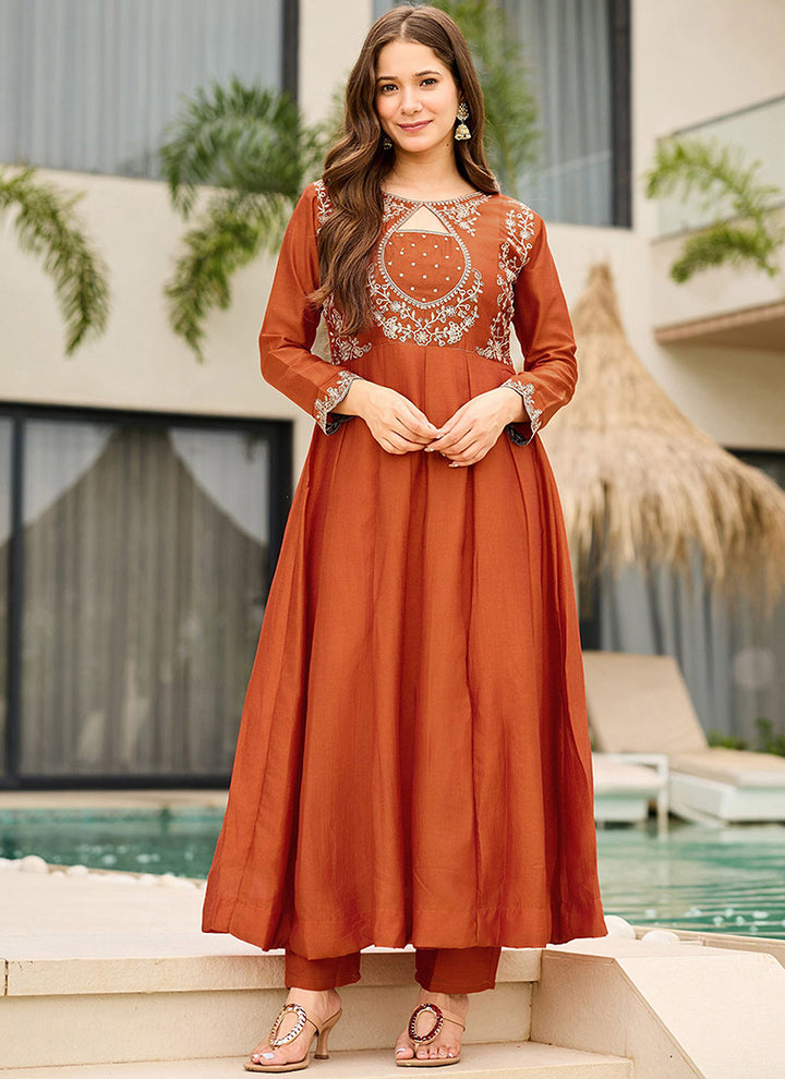 Rust Vichitra Silk Embroidered Ceremonial Kurta Set