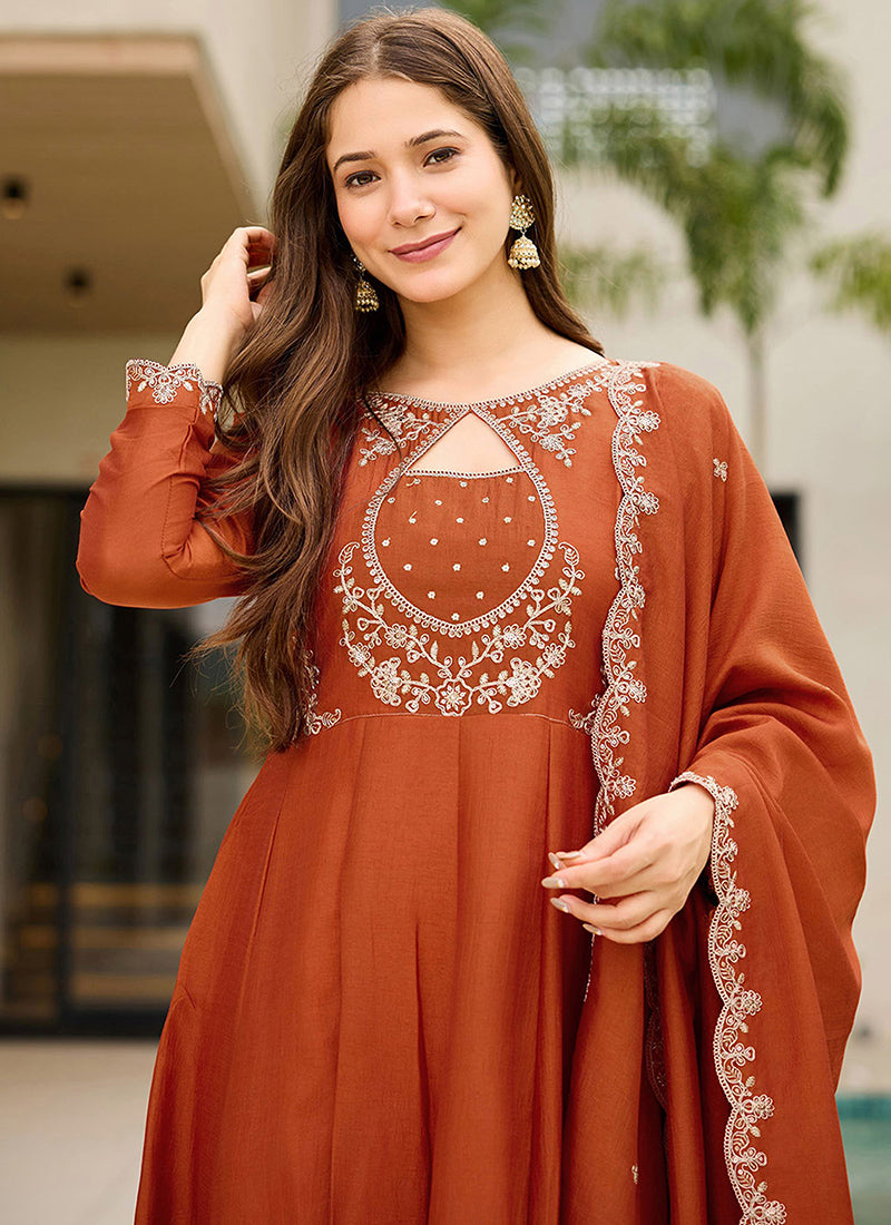 Rust Vichitra Silk Embroidered Ceremonial Kurta Set