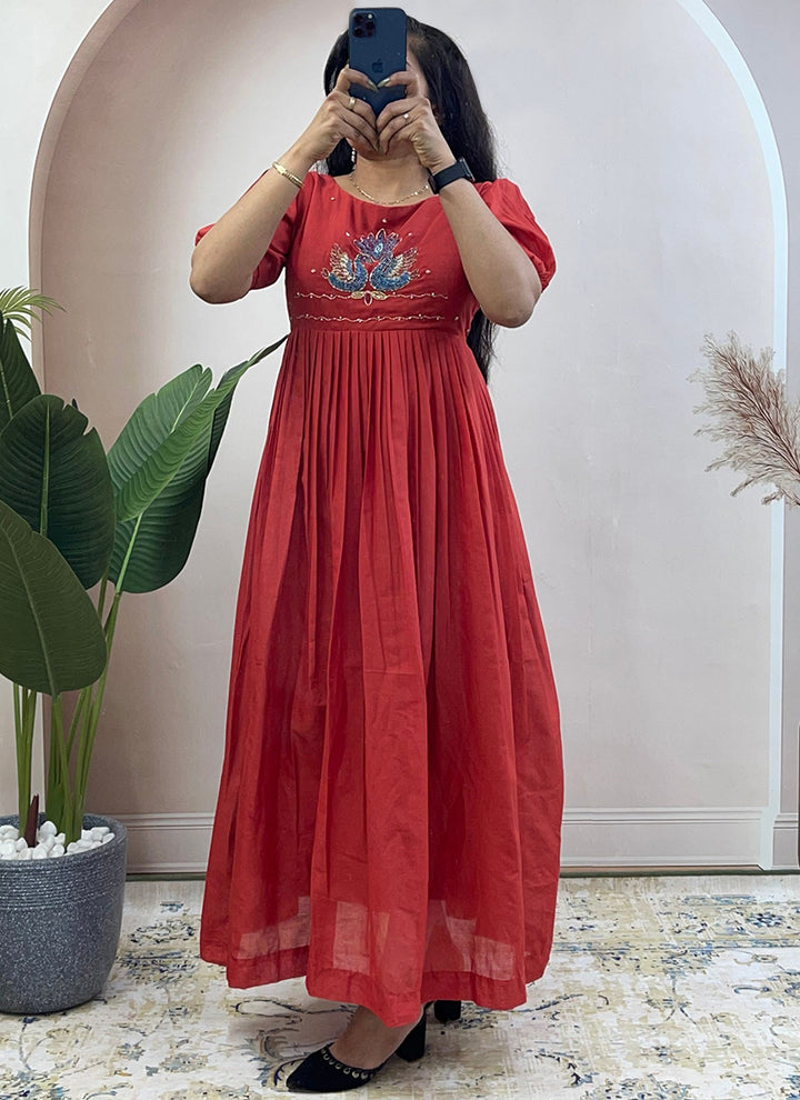 Rust Mul Cotton Handwork Ceremonial Wear Kurti