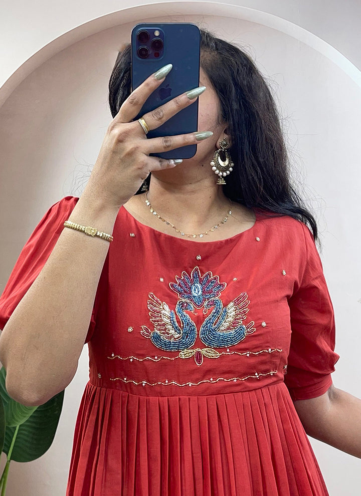 Rust Mul Cotton Handwork Ceremonial Wear Kurti