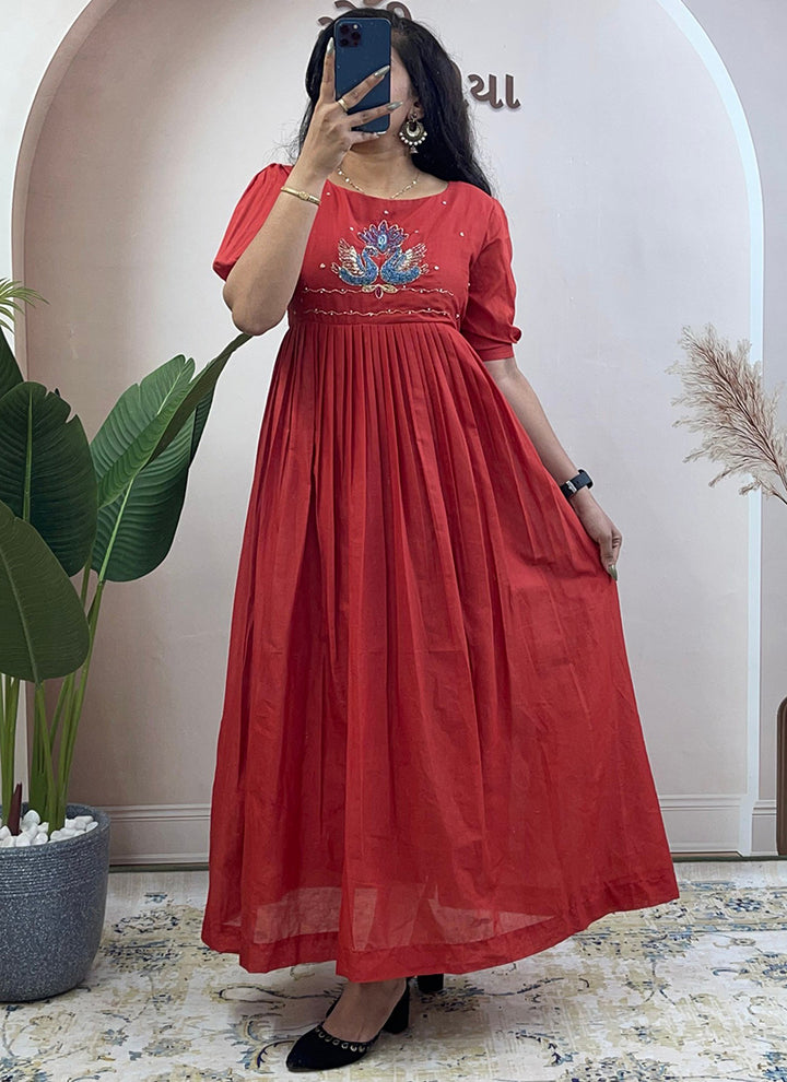 Rust Mul Cotton Handwork Ceremonial Wear Kurti