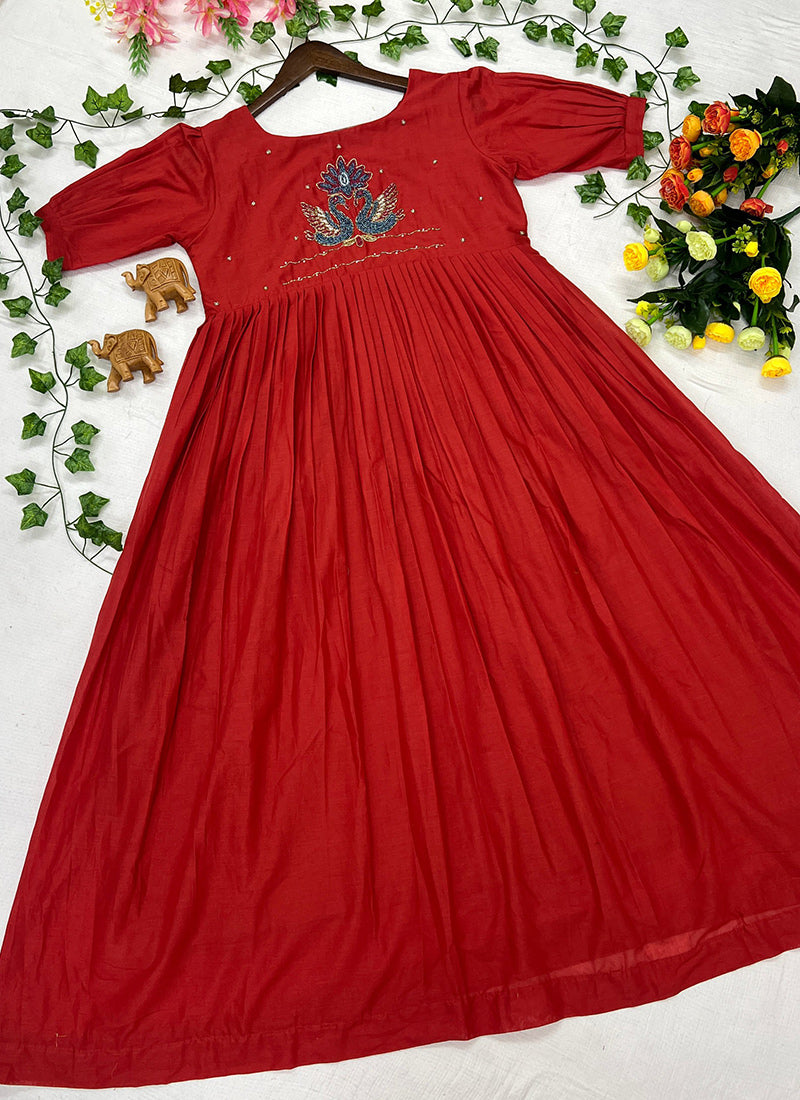 Rust Mul Cotton Handwork Ceremonial Wear Kurti