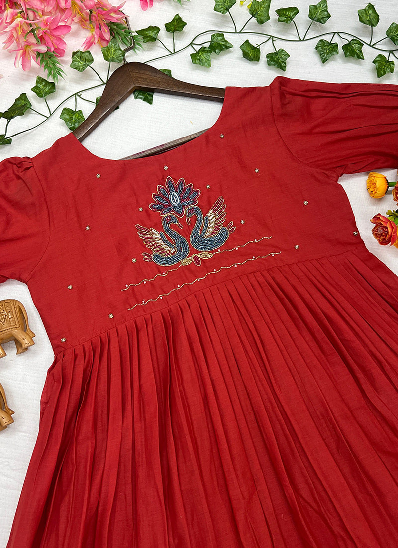 Rust Mul Cotton Handwork Ceremonial Wear Kurti