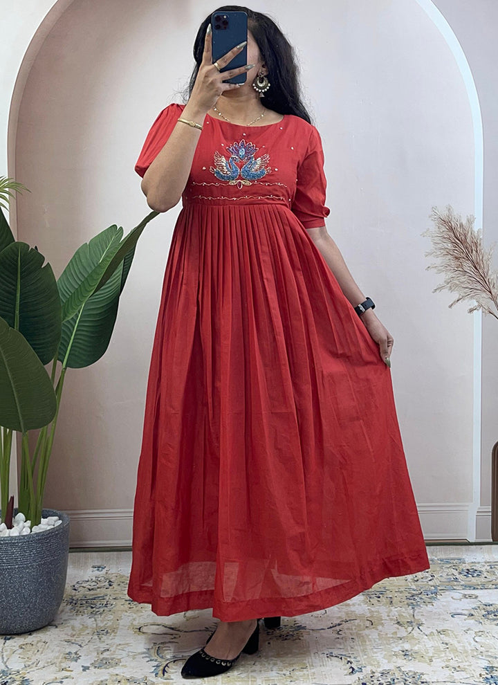 Rust Mul Cotton Handwork Ceremonial Wear Kurti