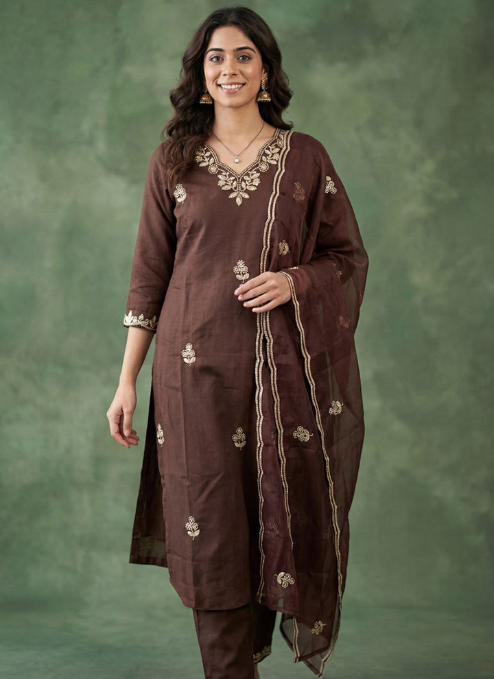 Brown Cotton Blend V Neck Ceremonial Kurta Set