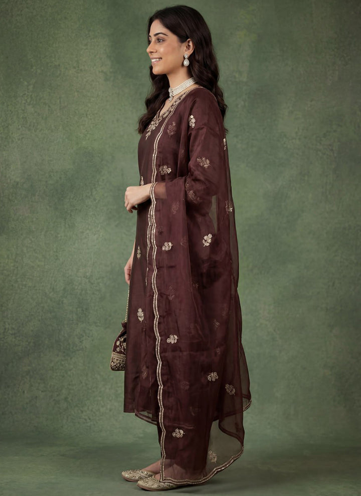Brown Cotton Blend V Neck Ceremonial Kurta Set