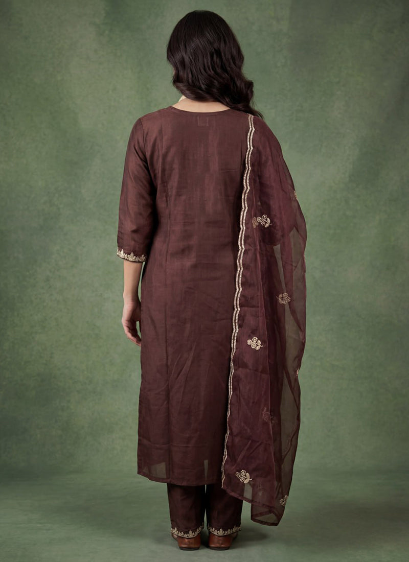 Brown Cotton Blend V Neck Ceremonial Kurta Set