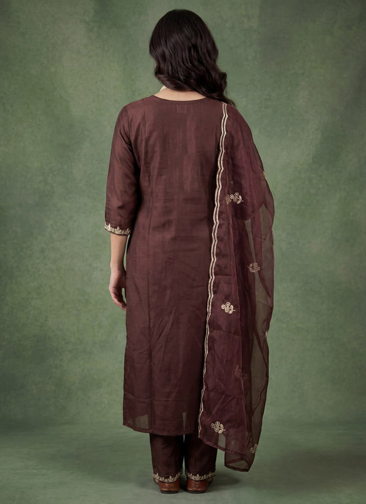 Brown Cotton Blend V Neck Ceremonial Kurta Set