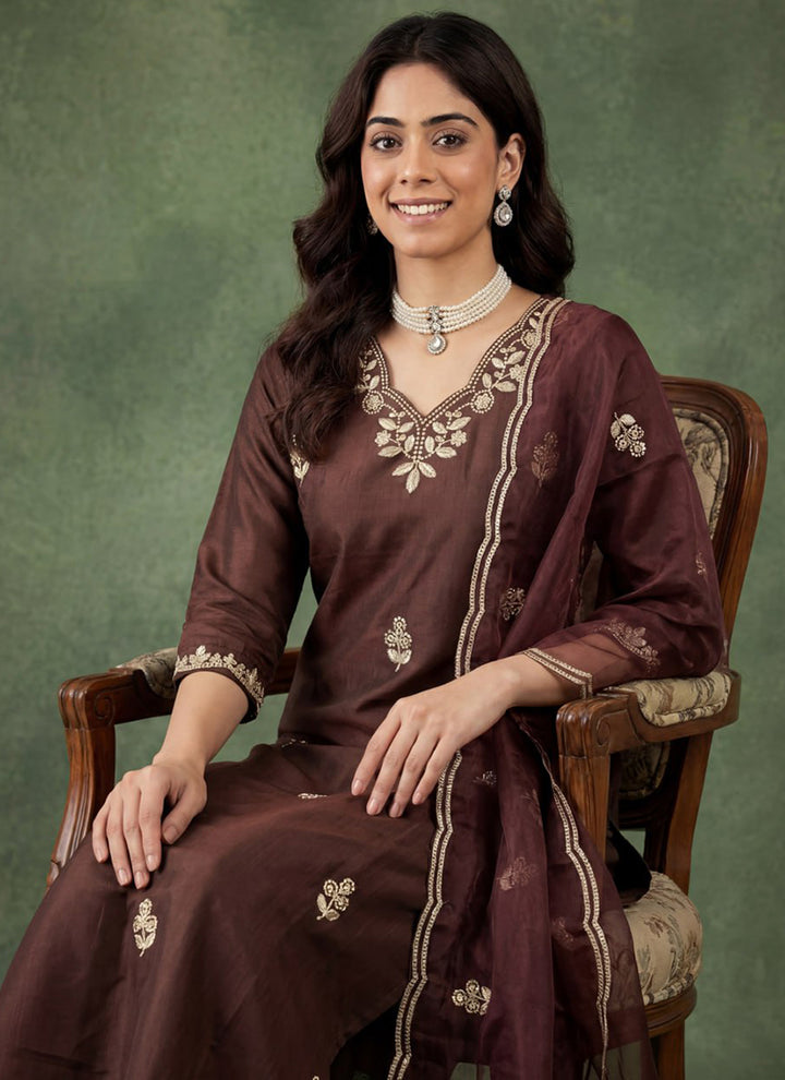 Brown Cotton Blend V Neck Ceremonial Kurta Set