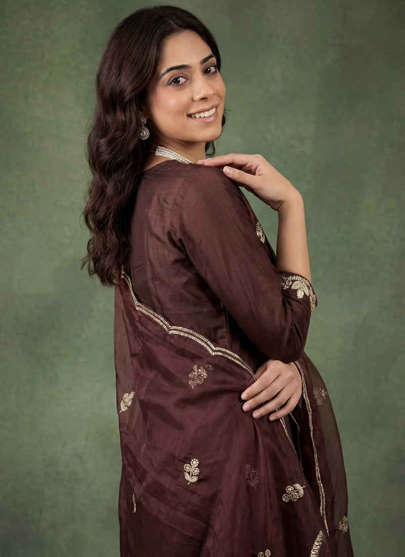 Brown Cotton Blend V Neck Ceremonial Kurta Set