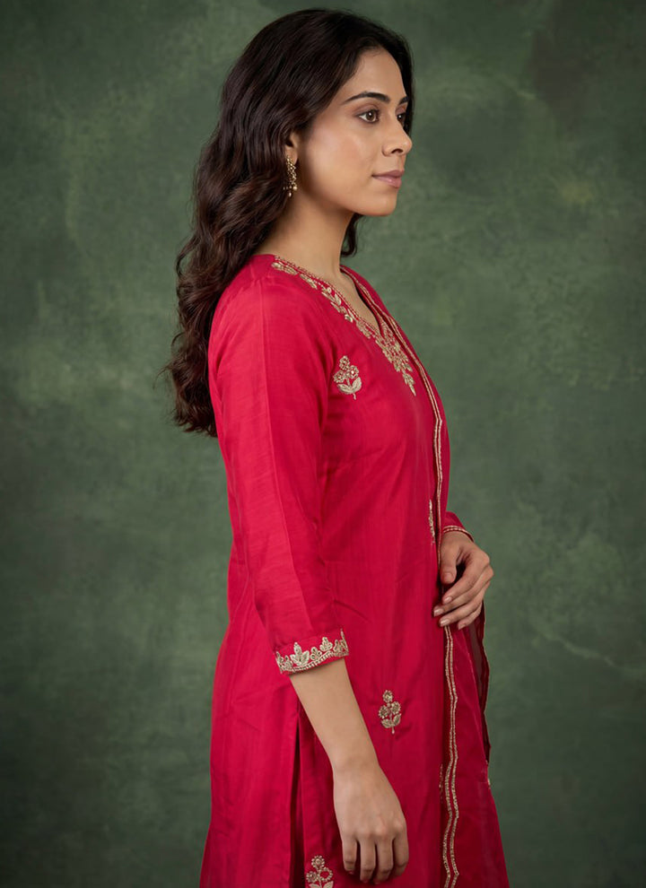Pink Cotton Blend V Neck Ceremonial Kurta Set
