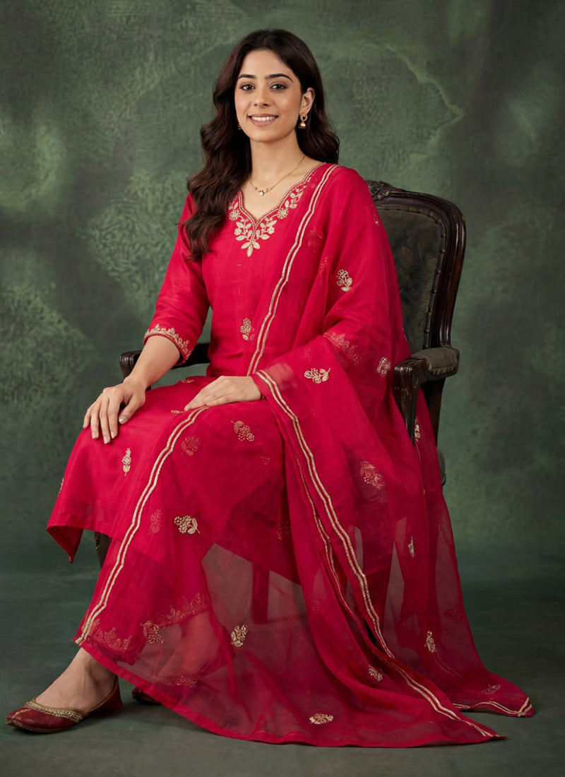 Pink Cotton Blend V Neck Ceremonial Kurta Set
