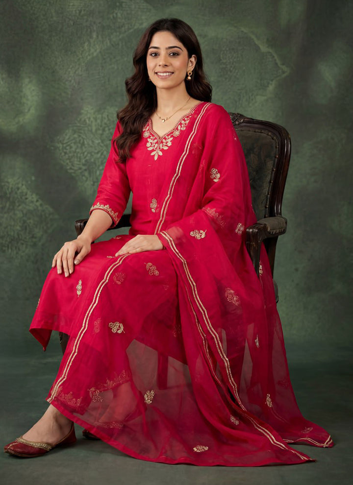 Pink Cotton Blend V Neck Ceremonial Kurta Set