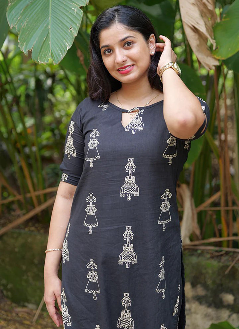 Black Cotton Blend Printed Straight Kurta And Pant