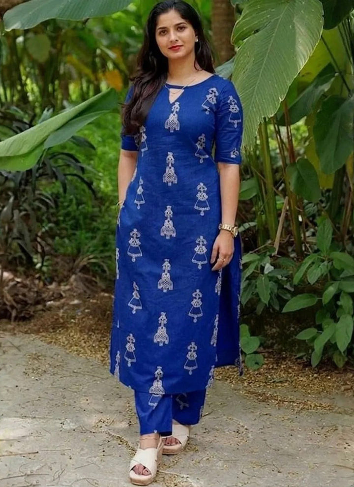 Blue Cotton Blend Printed Straight Kurta And Pant