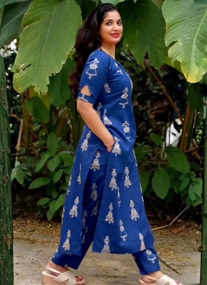 Blue Cotton Blend Printed Straight Kurta And Pant