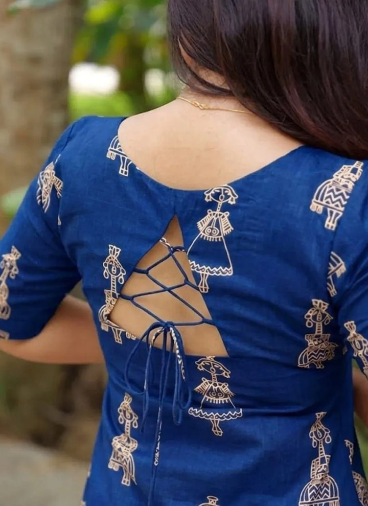 Blue Cotton Blend Printed Straight Kurta And Pant