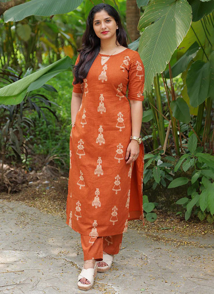 Orange Cotton Blend Printed Straight Kurta And Pant