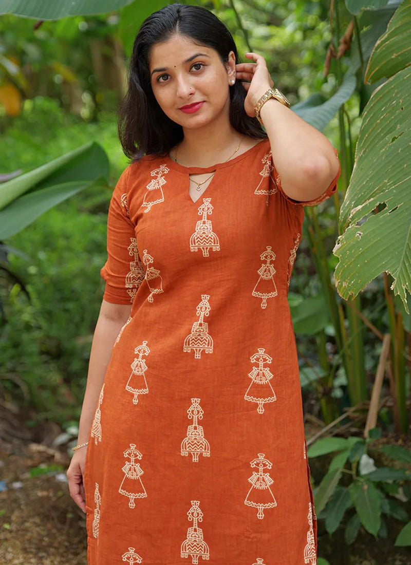 Orange Cotton Blend Printed Straight Kurta And Pant