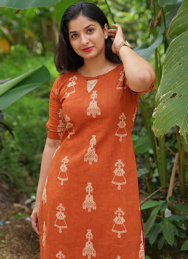 Orange Cotton Blend Printed Straight Kurta And Pant