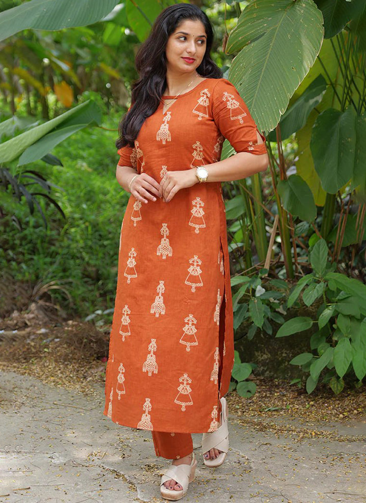 Orange Cotton Blend Printed Straight Kurta And Pant