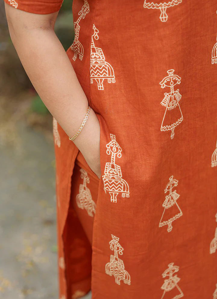 Orange Cotton Blend Printed Straight Kurta And Pant
