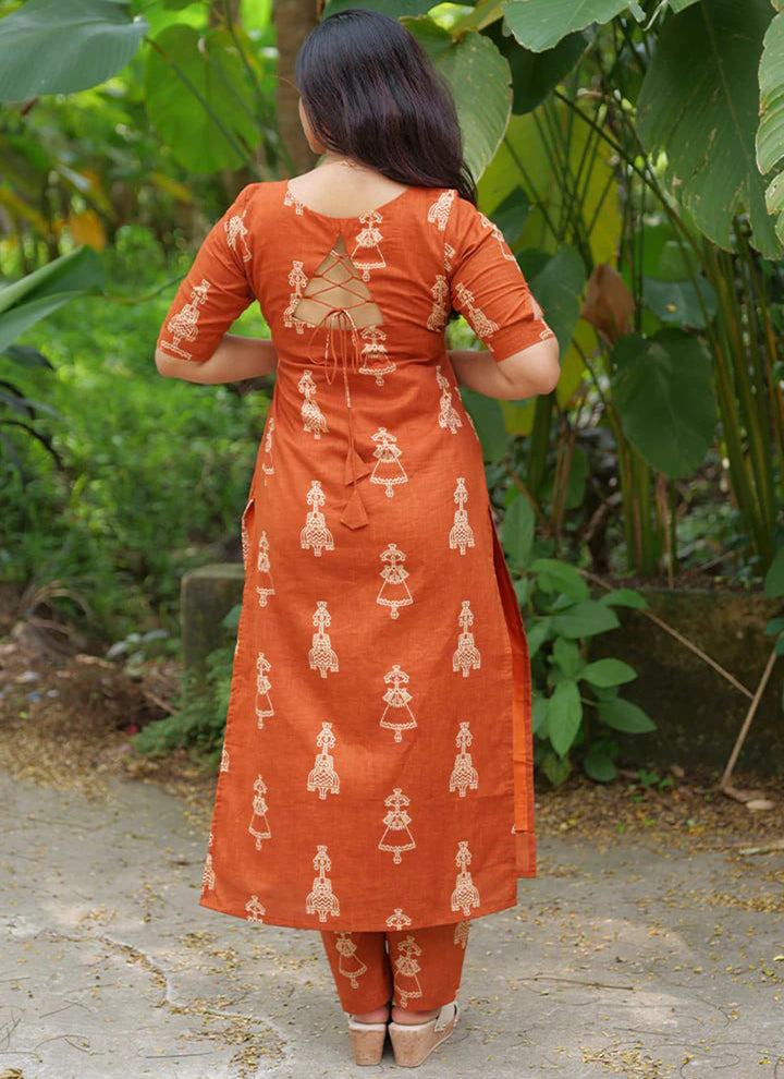 Orange Cotton Blend Printed Straight Kurta And Pant